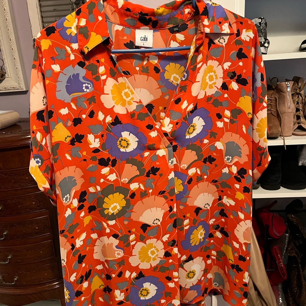 CAbi Floral Blouse in orange and blue